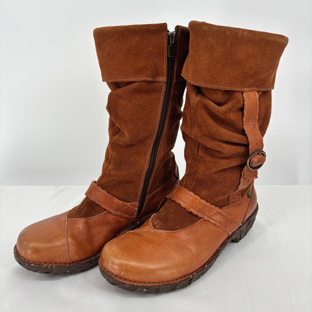 El Naturalista Womens 39 Cognac Leather Suede Slouch Mid Calf Zip Boots Spain